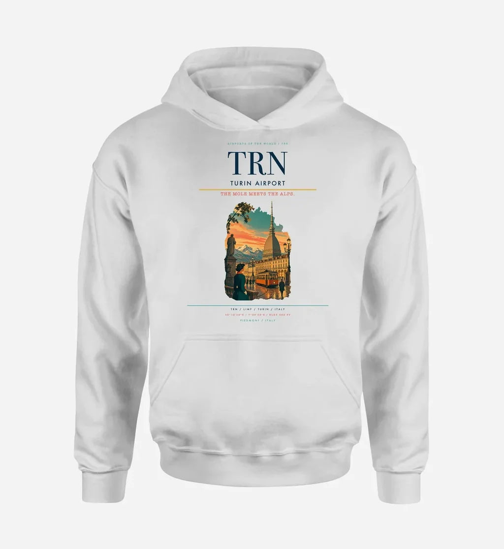 Turin Airport (TRN) design on white hoodie single-side print