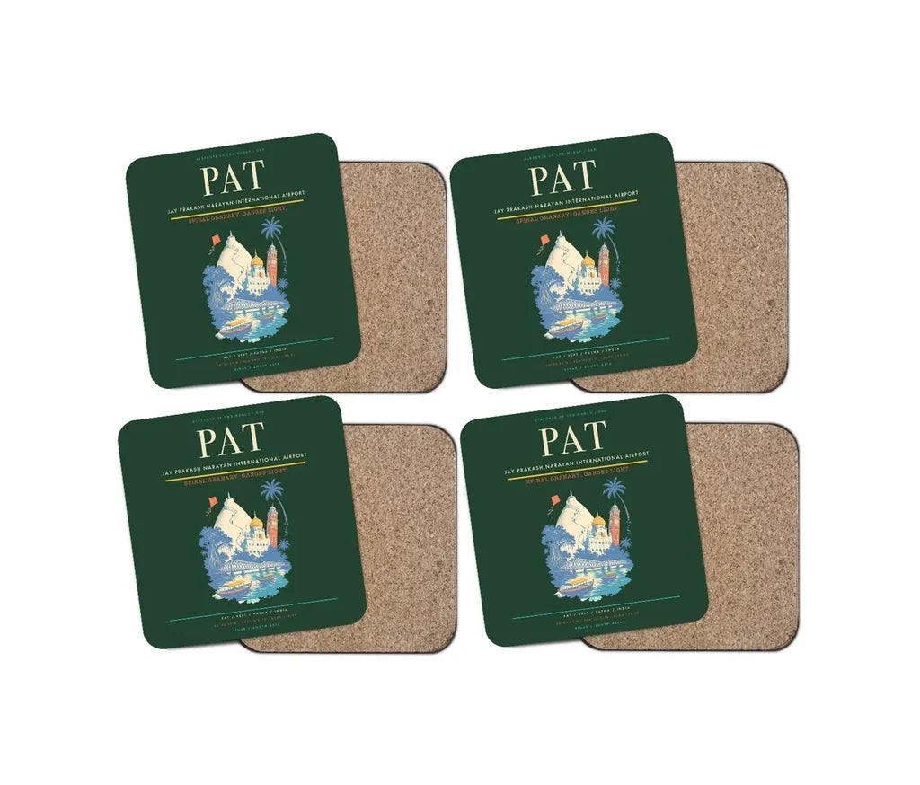 Jay Prakash Narayan International Airport (PAT) design on dark green 4 pieces set coaster