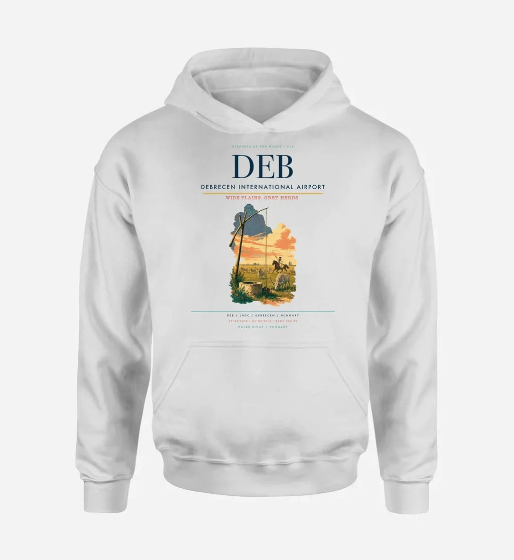 Debrecen International Airport (DEB) design on white hoodie single-side print