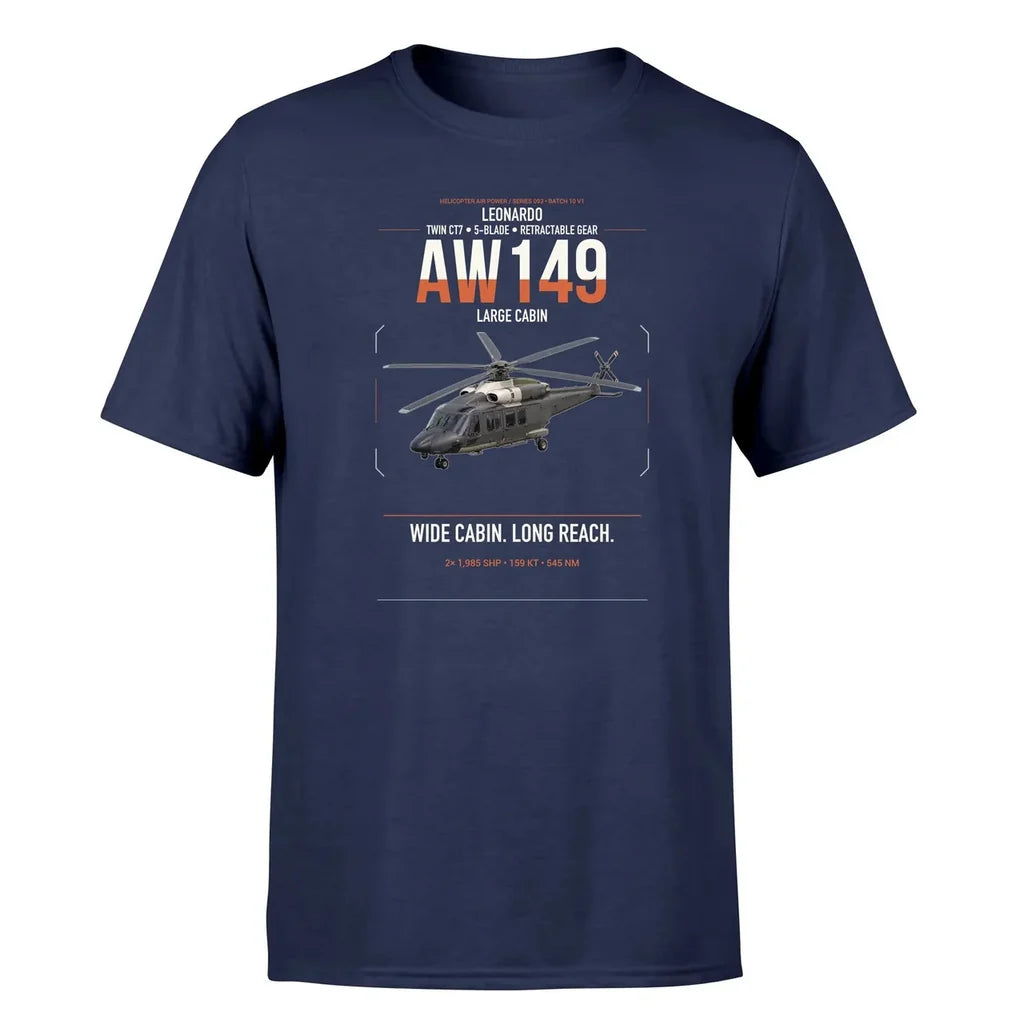 Leonardo AW149 design on navy blue t-shirt, single-side print