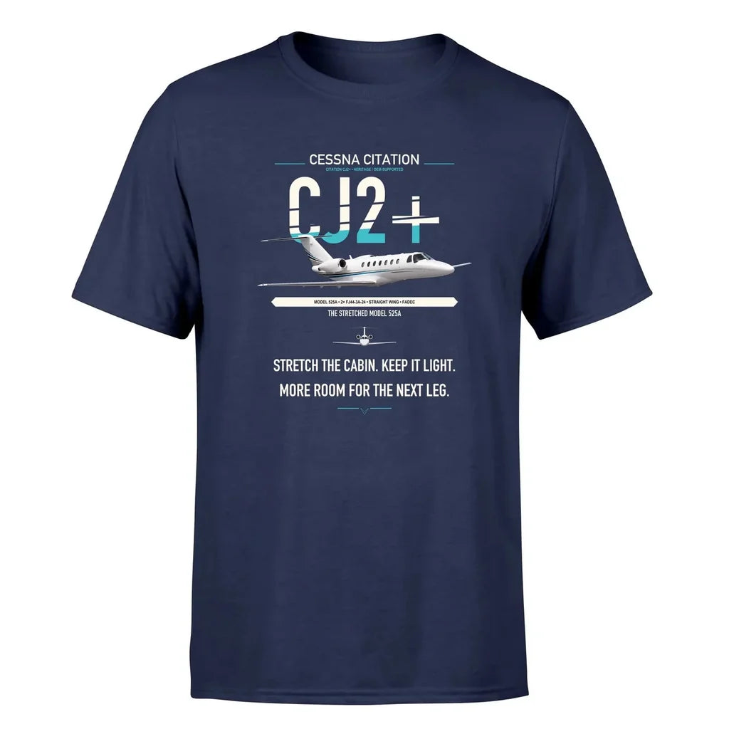 Cessna Citation CJ2+ design on navy blue double-side t-shirt, single-side print
