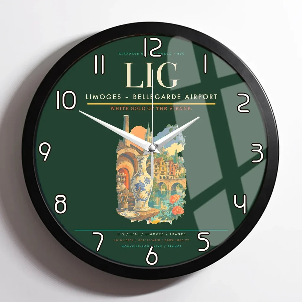 Limoges – Bellegarde Airport (LIG) design on dark green framed wall clock
