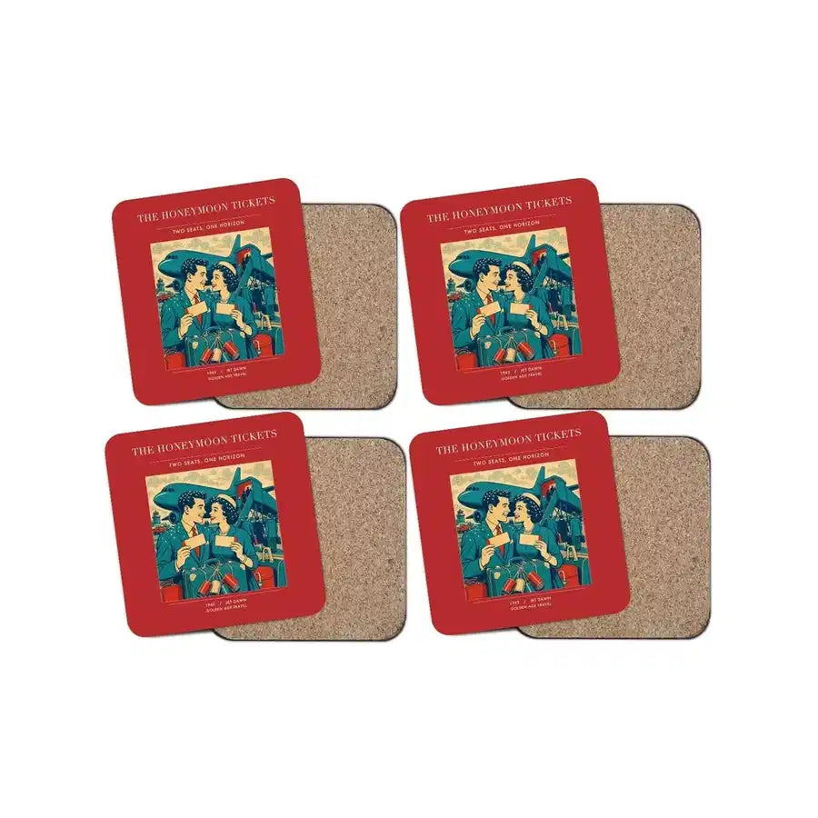 The Honeymoon Tickets - Designed Coasters design on red 4-pieces-set
