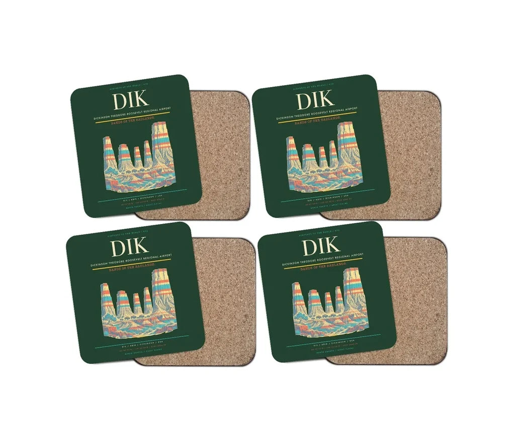 Dickinson Theodore Roosevelt Regional Airport (DIK) design on dark green 4 pieces set coaster