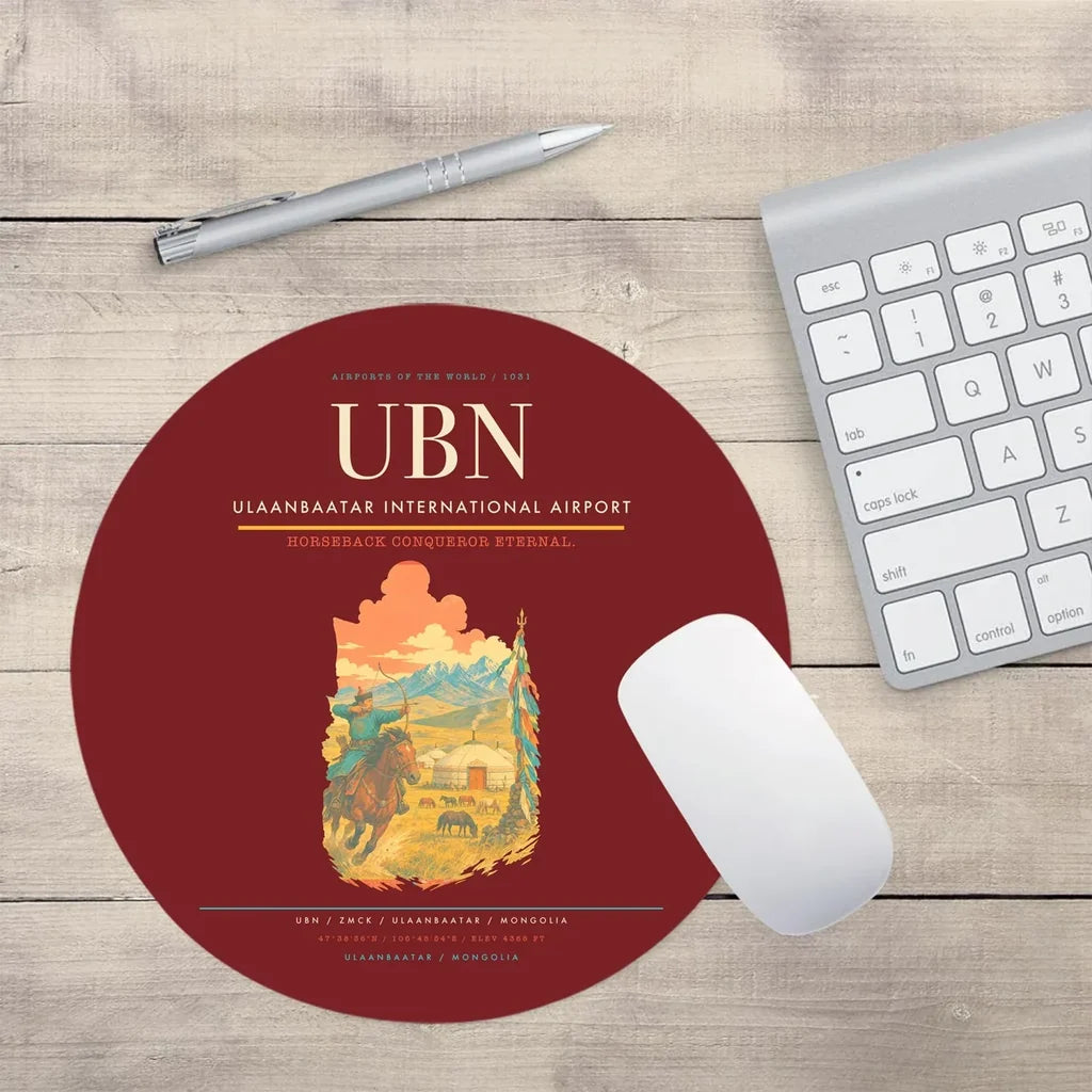 Ulaanbaatar International Airport (UBN) design on dark red round mouse pad