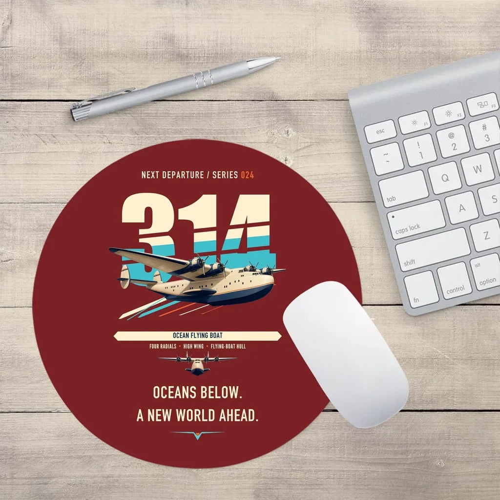 Boeing 314 Clipper design on dark red round mouse pad