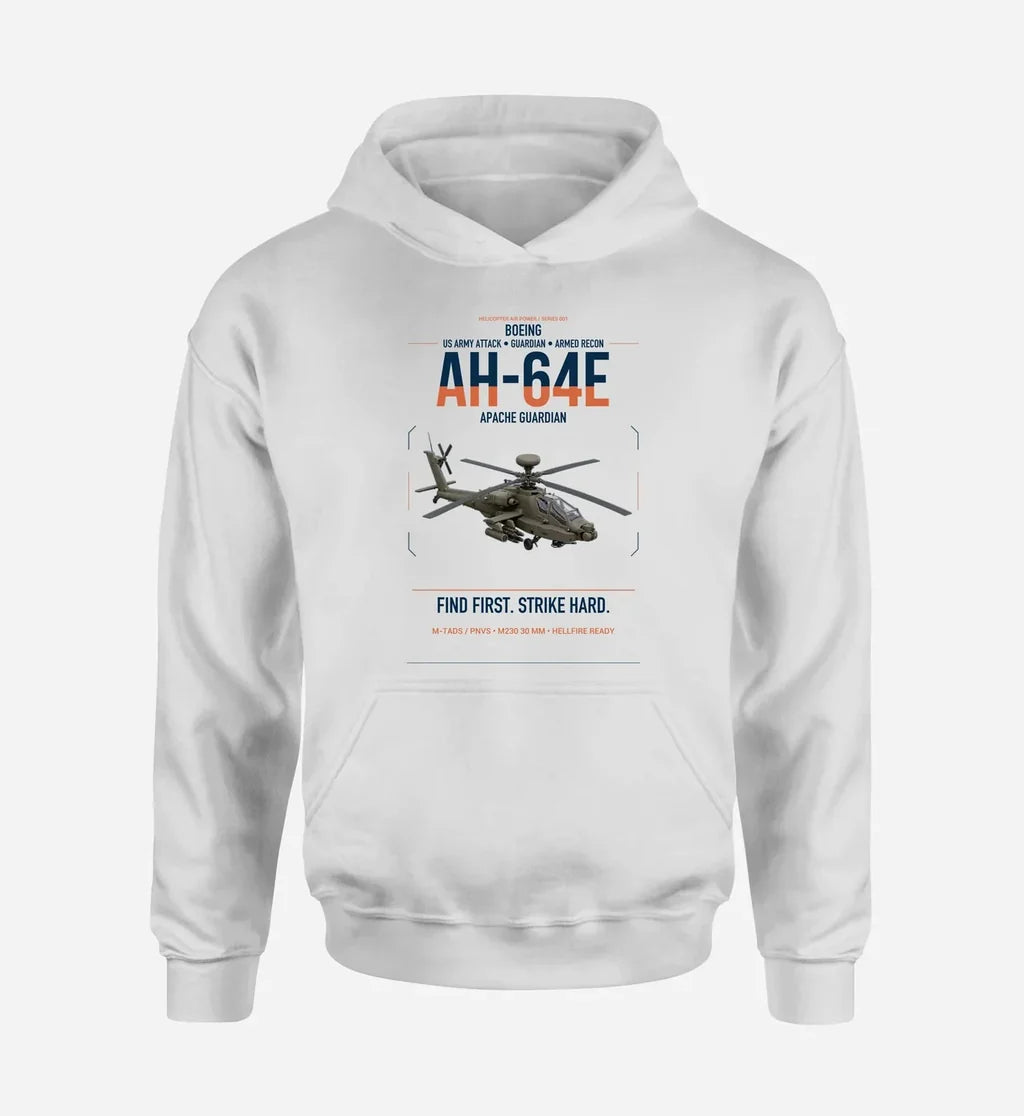 Boeing AH-64E Apache Guardian design on white double-side hoodie, single-side print