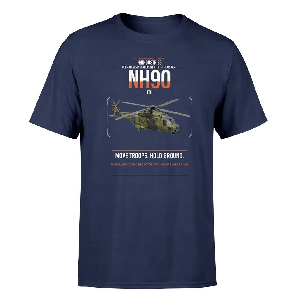 NHIndustries NH90 TTH design on navy blue t-shirt, single-side print