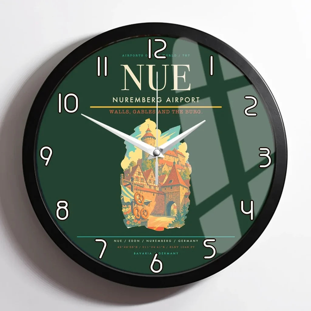 Nuremberg Airport (NUE) design on dark green framed wall clock