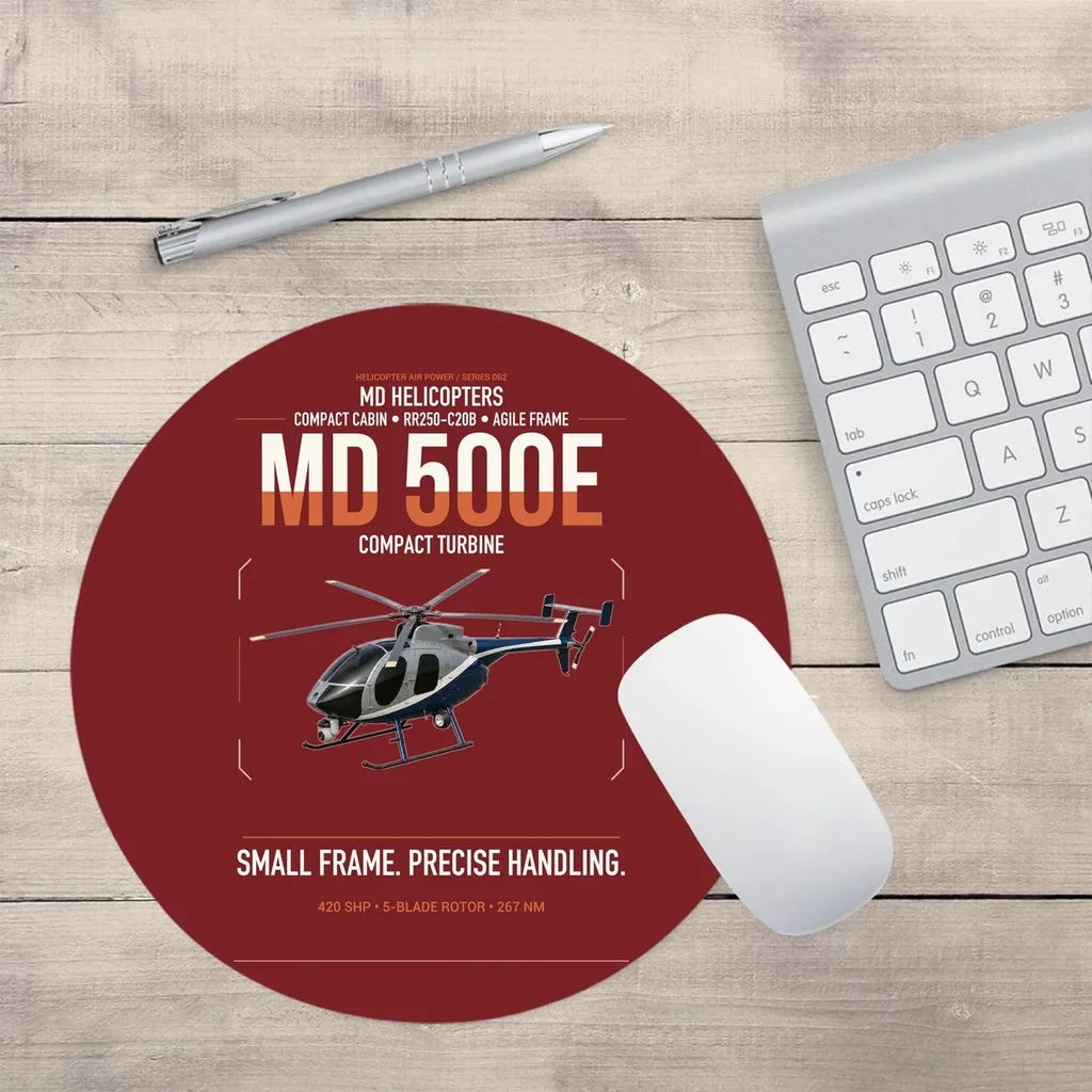MD Helicopters MD 500E design on dark red round mouse pad