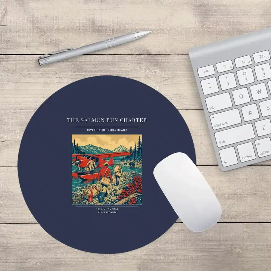 VINTAGE G4289 - The Salmon Run Charter - Designed Mouse Pads design on navyblue round