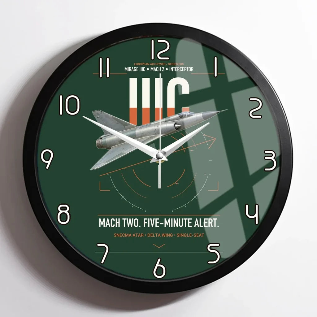 Dassault Mirage IIIC design on dark green framed wall clock