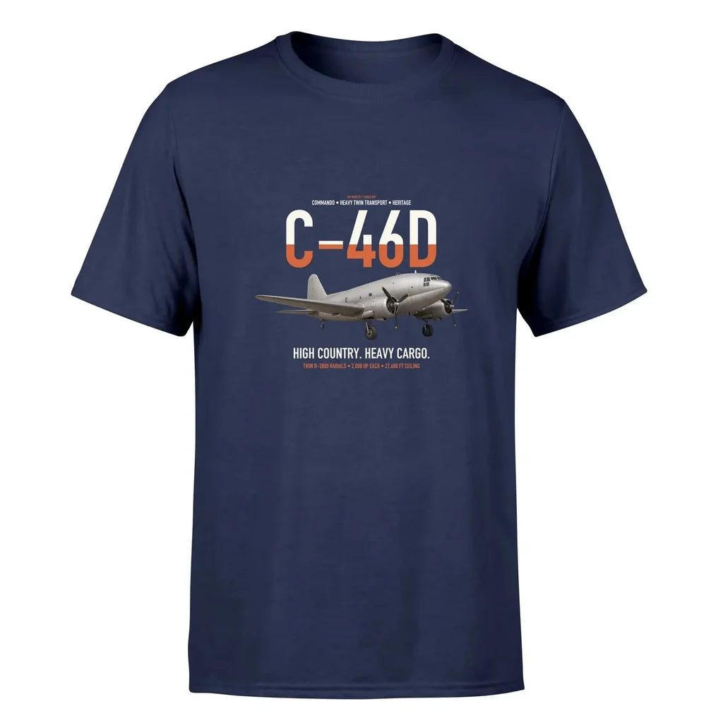 C-46D Commando design on navy blue double-side t-shirt, single-side print