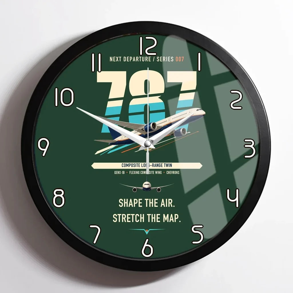 Boeing 787-9 Dreamliner design on dark green framed wall clock