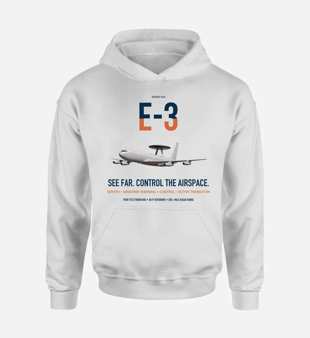 E-3 Sentry AWACS design on white double-side hoodie, single-side print