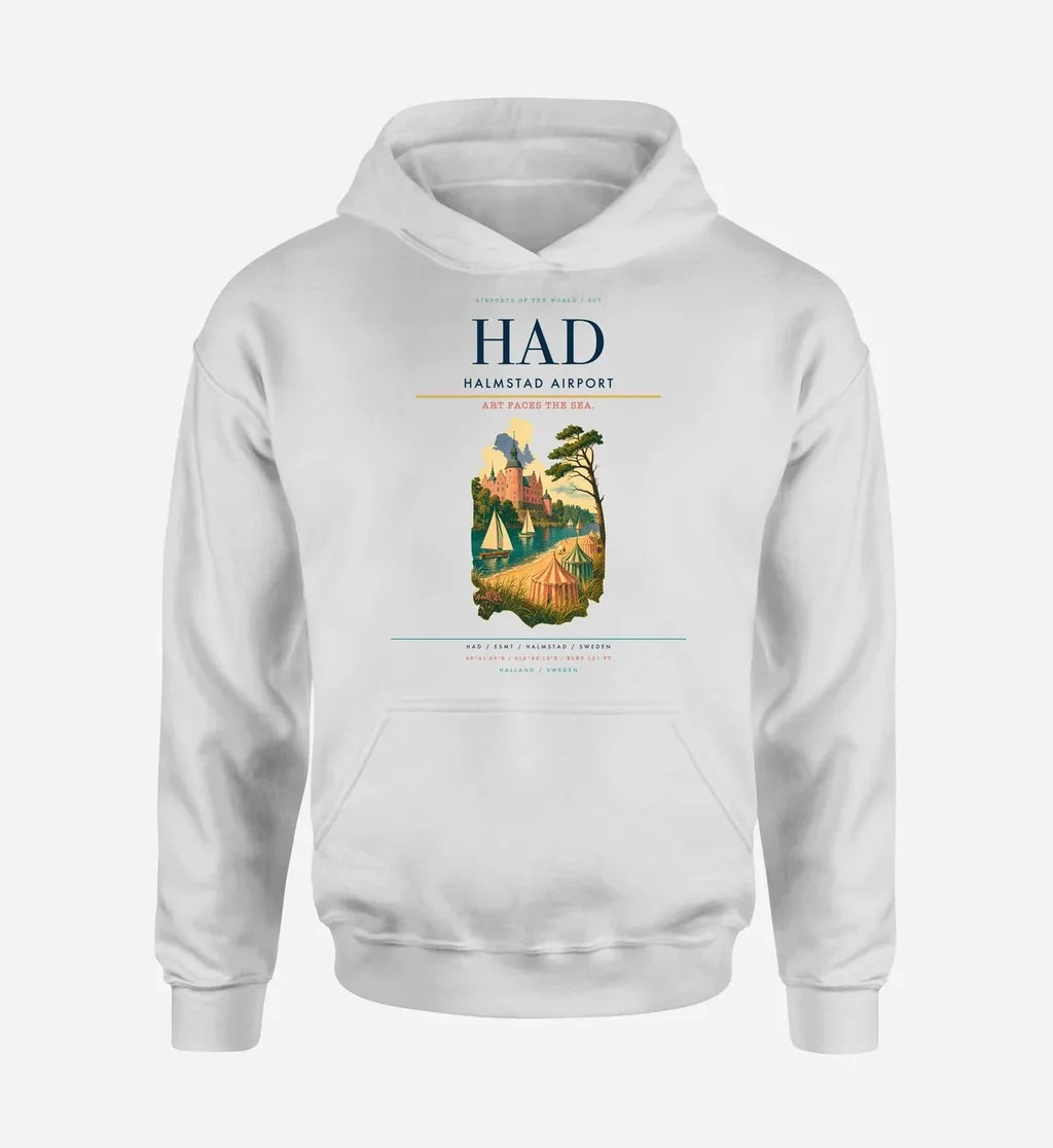 Halmstad Airport (HAD) design on white hoodie single-side print
