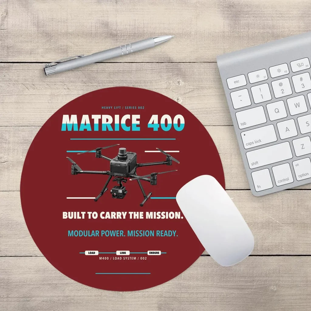DJI Matrice 400 design on dark red round mouse pad