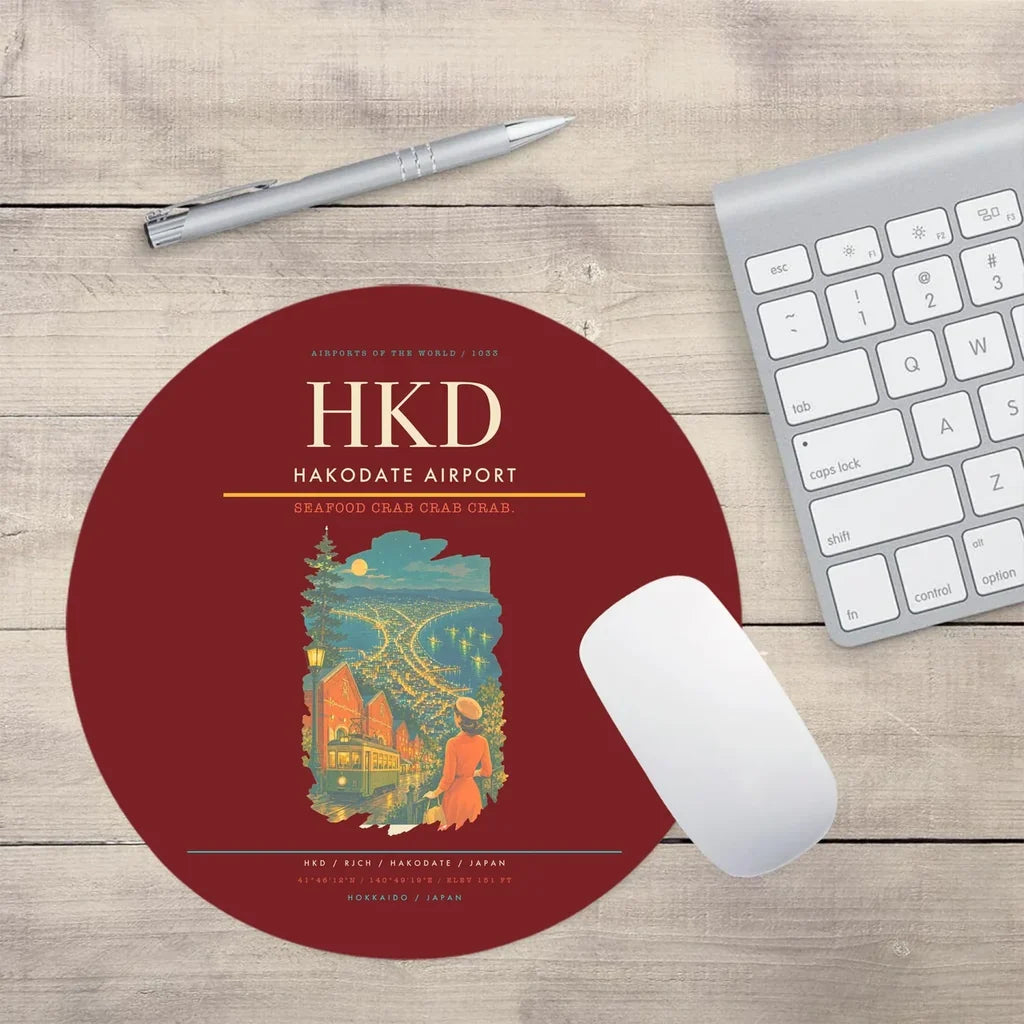 Hakodate Airport (HKD) design on dark red round mouse pad