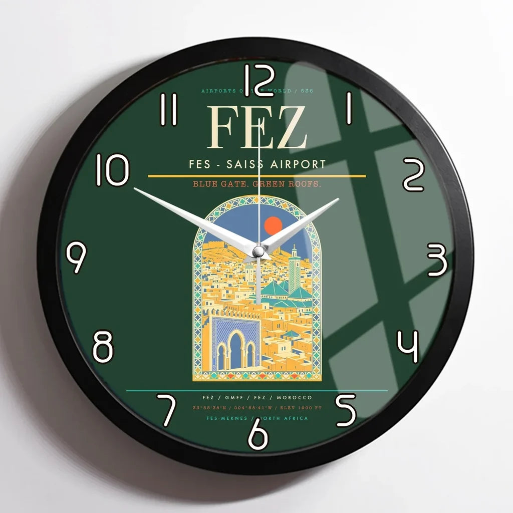 Fes (FEZ) design on dark green framed wall clock