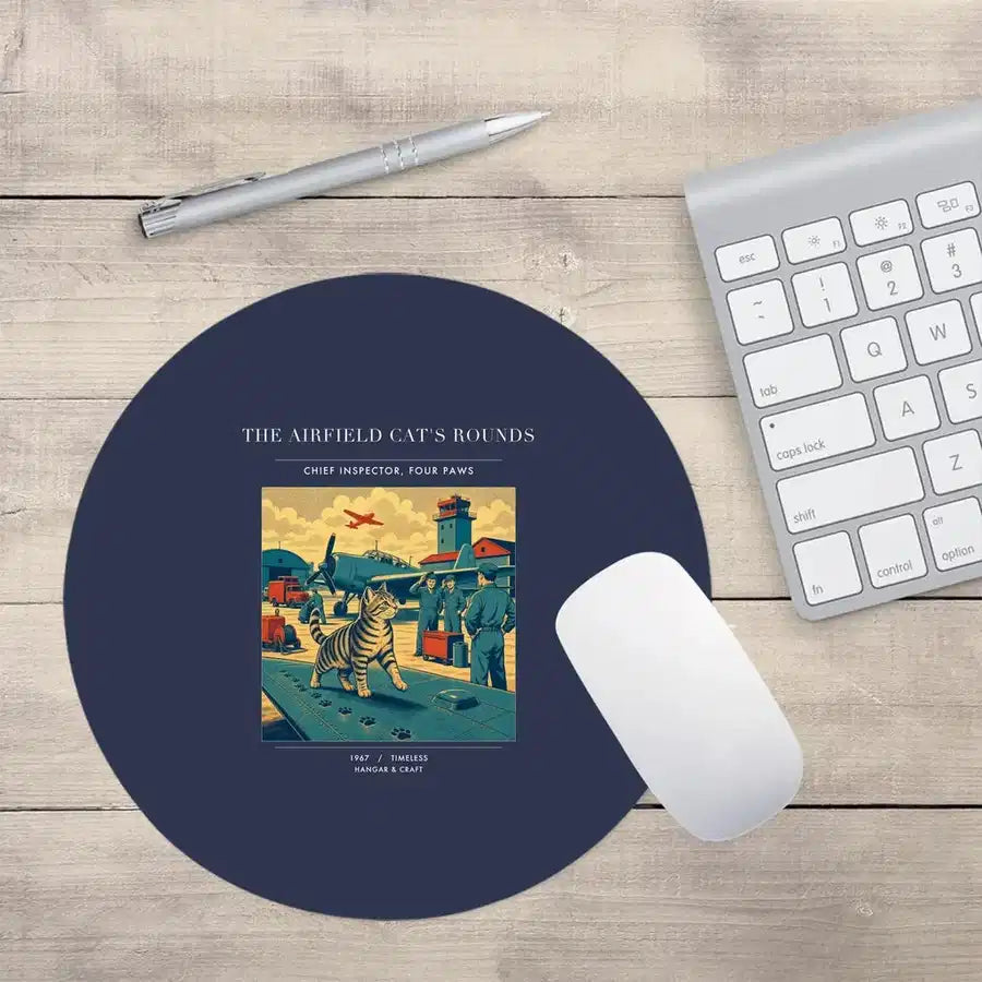 VINTAGE G4456 - The Airfield Cat's Rounds - Designed Mouse Pads design on navyblue round