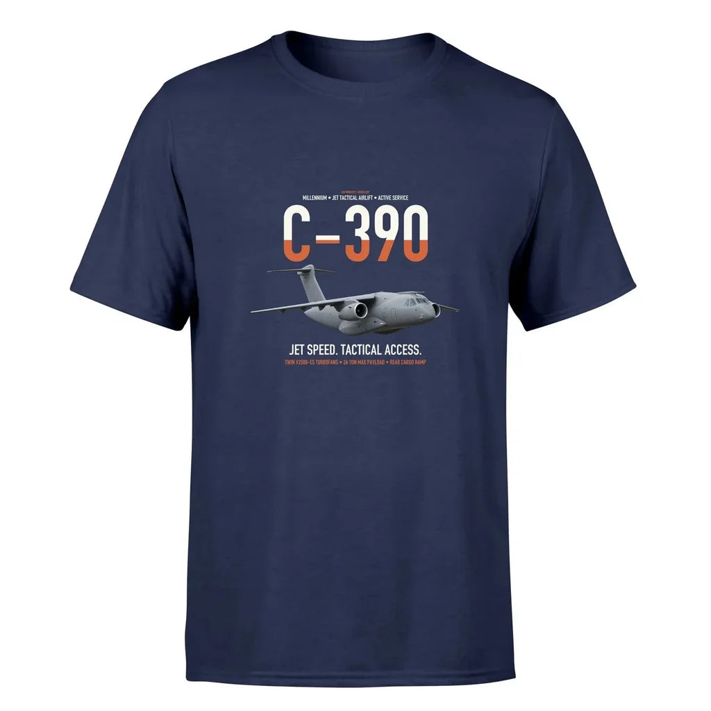 C-390 Millennium design on navy blue double-side t-shirt, single-side print