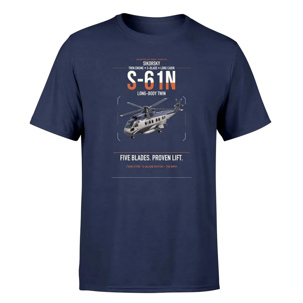 Sikorsky S-61N design on navy blue t-shirt, single-side print