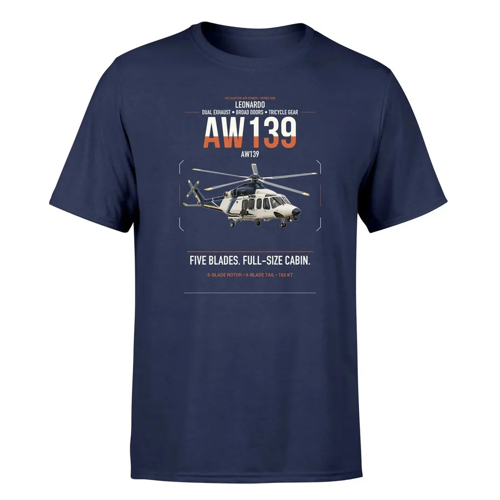 Leonardo AW139 design on navy blue t-shirt, single-side print