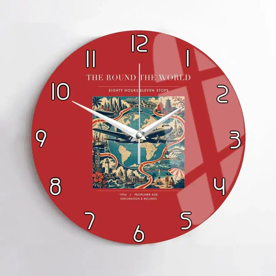 VINTAGE G4100 - The Round The World - Designed Wall Clocks design on red no-frame