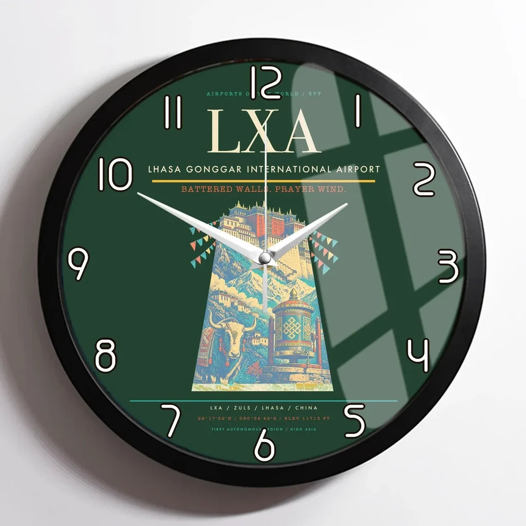 Lhasa Gonggar International Airport (LXA) design on dark green framed wall clock