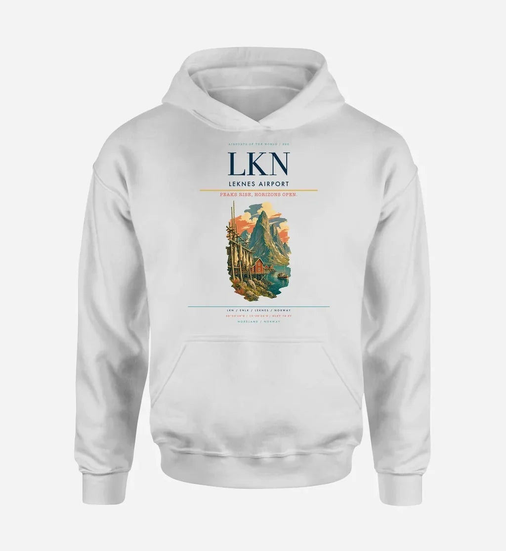 Leknes Airport (LKN) design on white hoodie single-side print