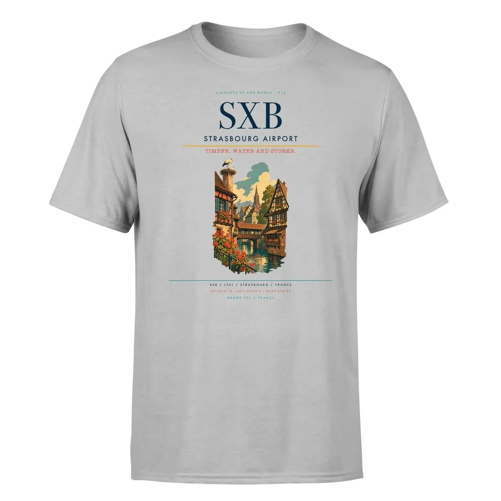 Strasbourg Airport (SXB) T-Shirt single-side front print in Light Gray | strasbourg-airport-sxb-double-side-t-shirt