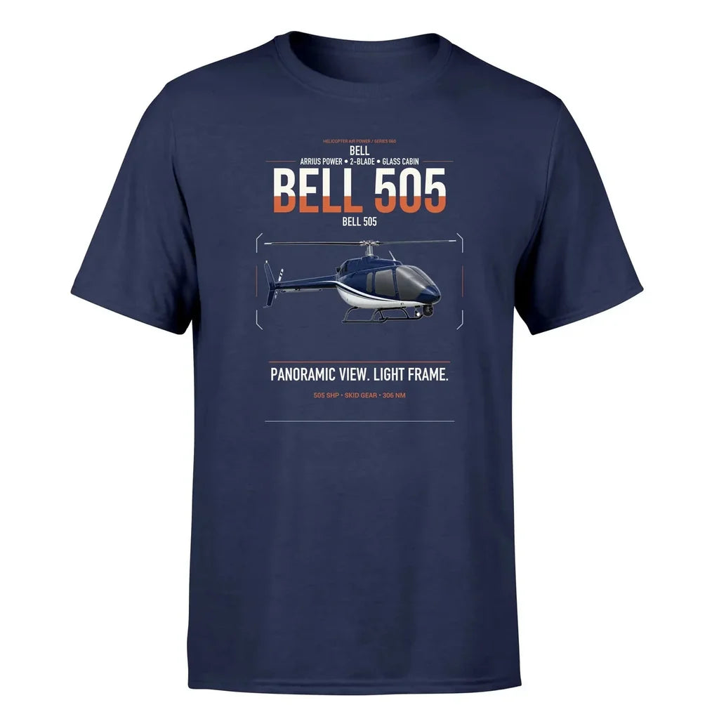 Bell 505 design on navy blue t-shirt, single-side print