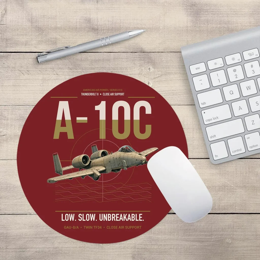 A-10C Thunderbolt II design on dark red round mouse pad