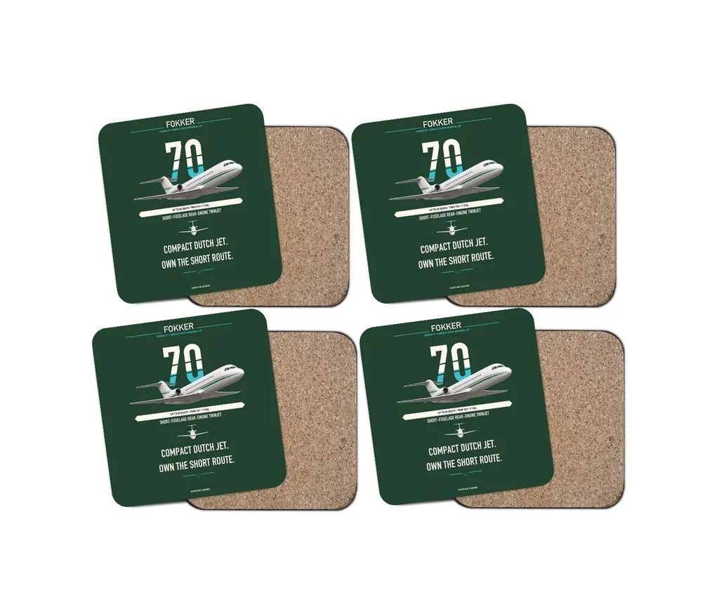 Fokker 70 design on dark green 4 pieces set coaster