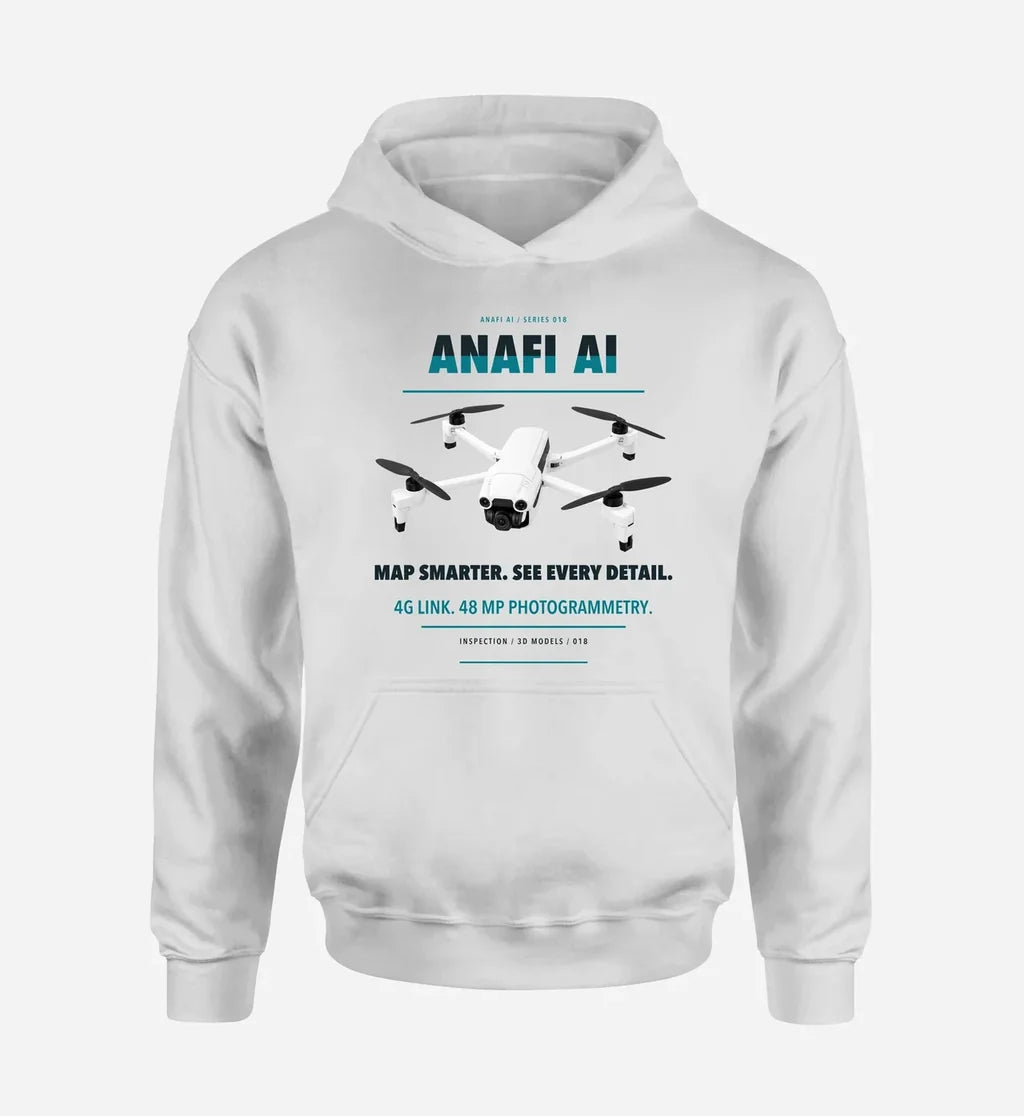 Parrot ANAFI Ai design on white hoodie single side