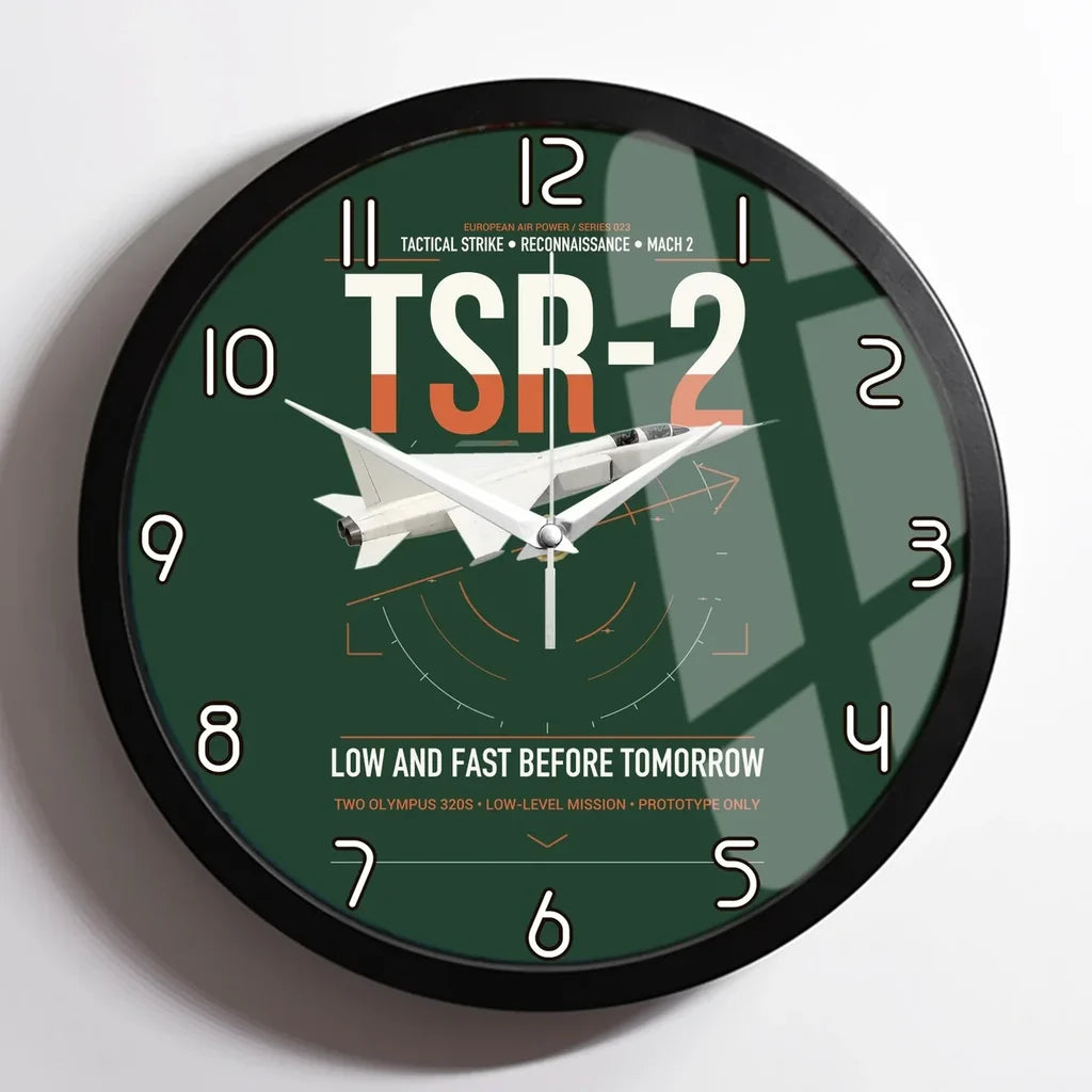 BAC TSR-2 design on dark green framed wall clock