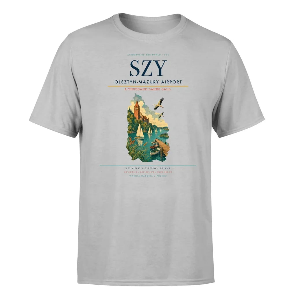 Olsztyn-Mazury Airport (SZY) T-Shirt single-side front print in Light Gray | olsztyn-mazury-airport-szy-double-side-t-shirt