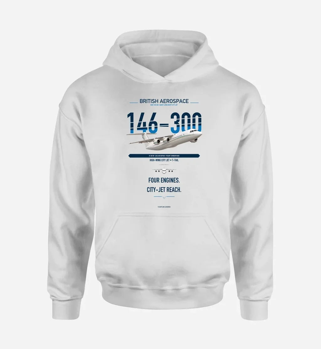 BAe 146-300 design on white double-side hoodie, single-side print