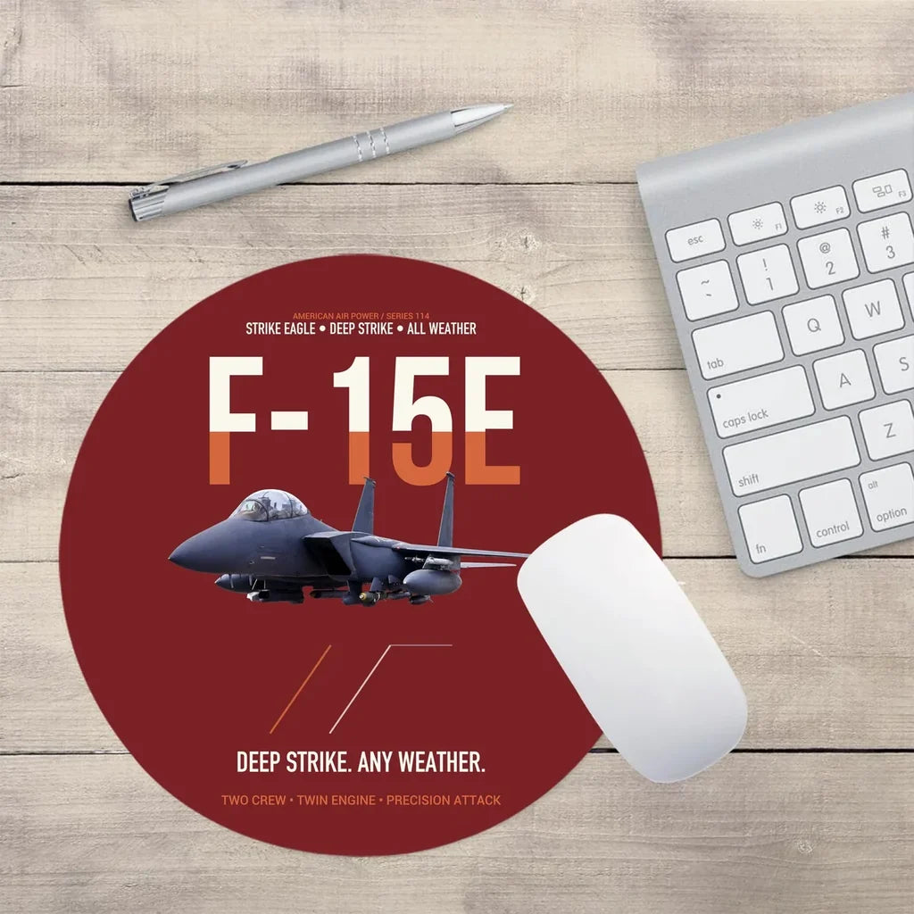 F-15E Strike Eagle Deep Strike Any Weather design on dark red round mouse pad