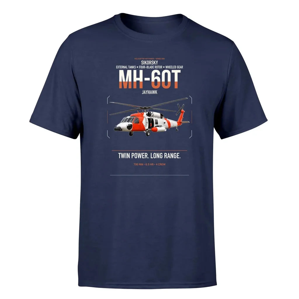 Sikorsky MH-60T Jayhawk design on navy blue t-shirt, single-side print