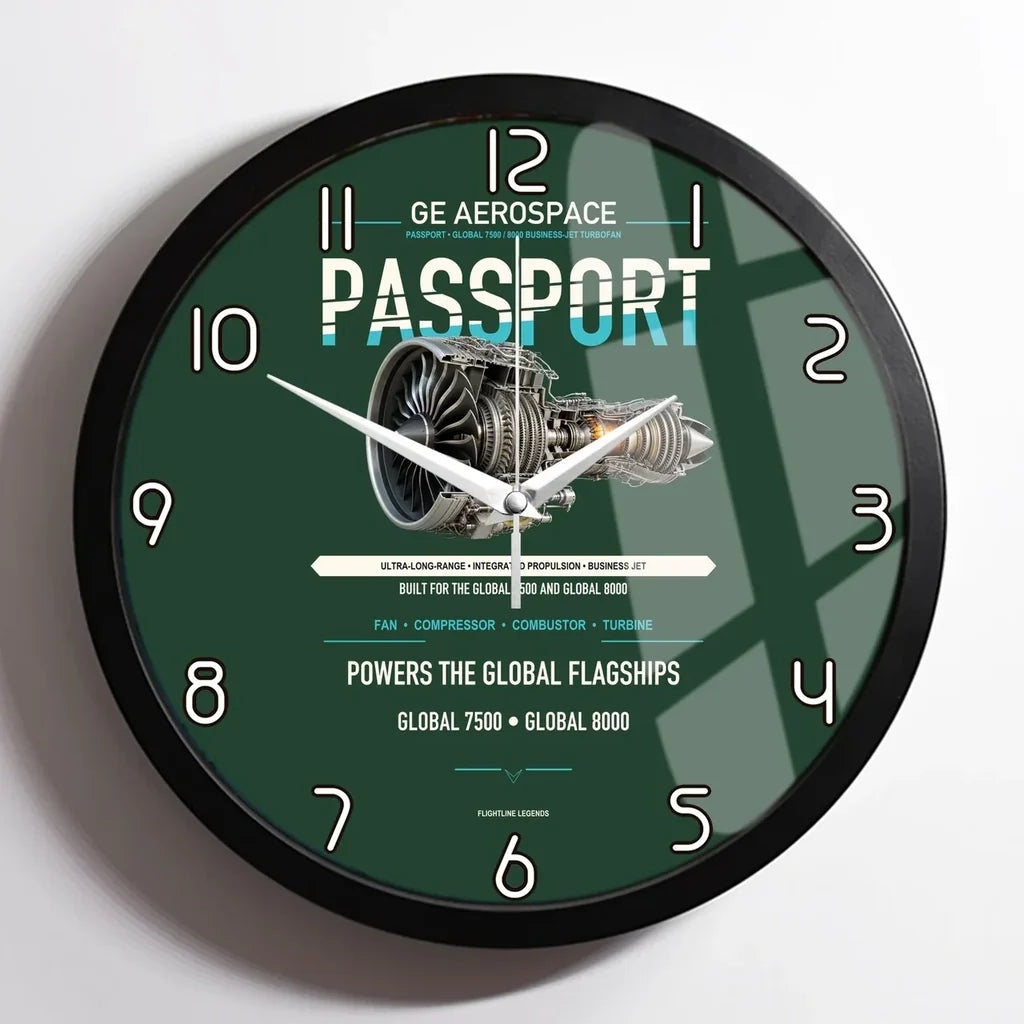 PASSPORT design on dark green framed wall clock