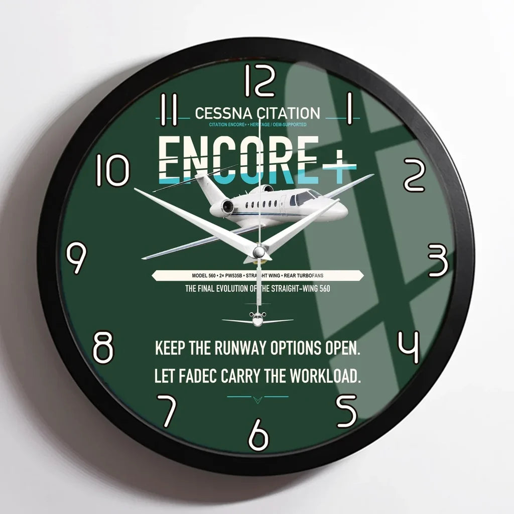Cessna Citation Encore+ design on dark green framed wall clock