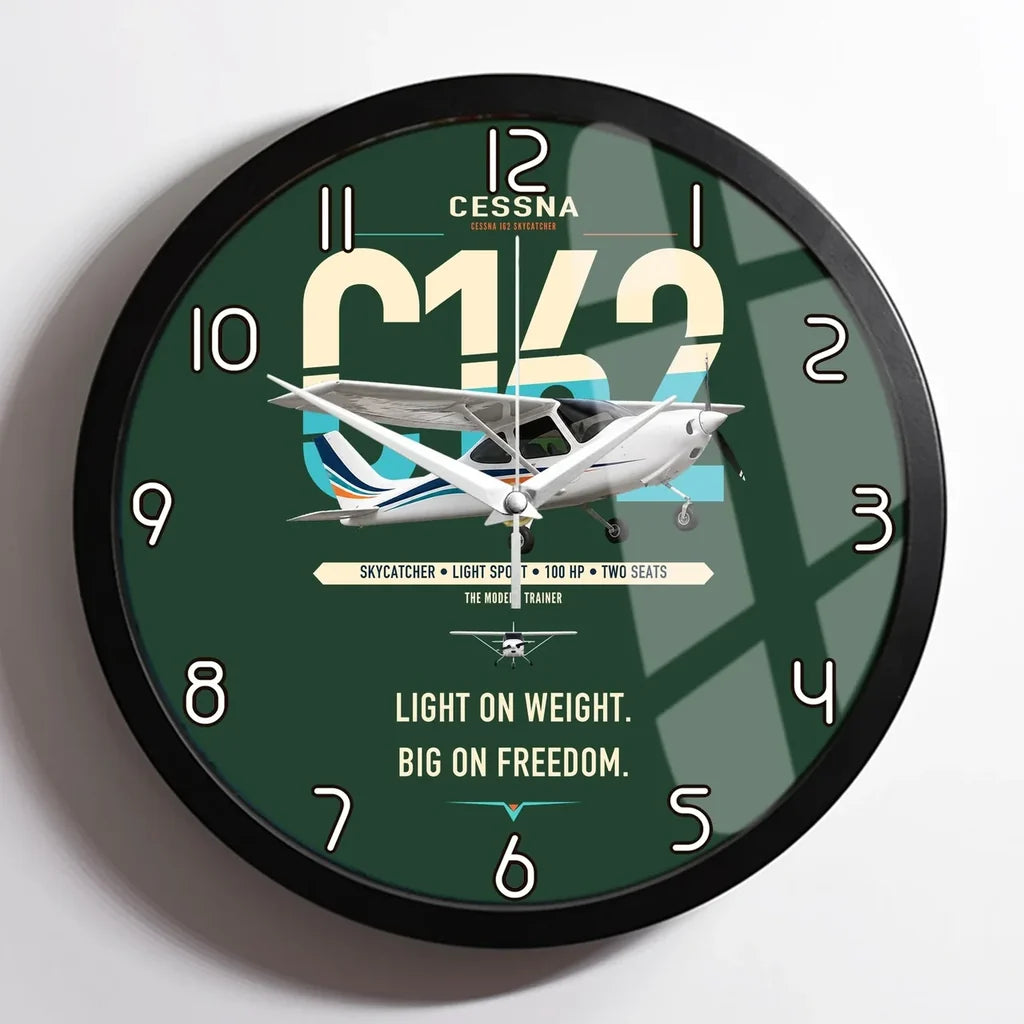 Cessna 162 Skycatcher design on dark green framed wall clock