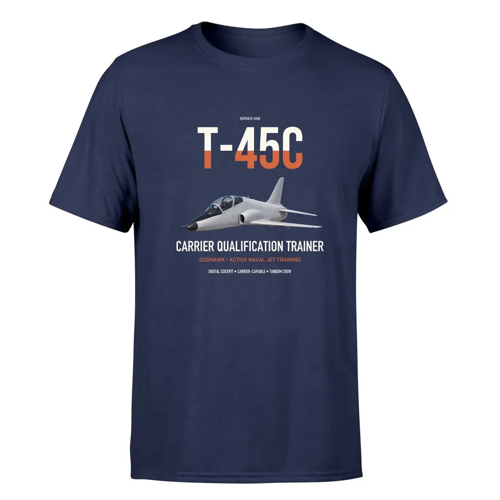 T-45C Goshawk design on navy blue double-side t-shirt, single-side print