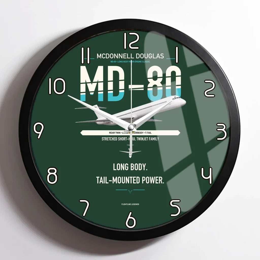 McDonnell Douglas MD-80 design on dark green framed wall clock
