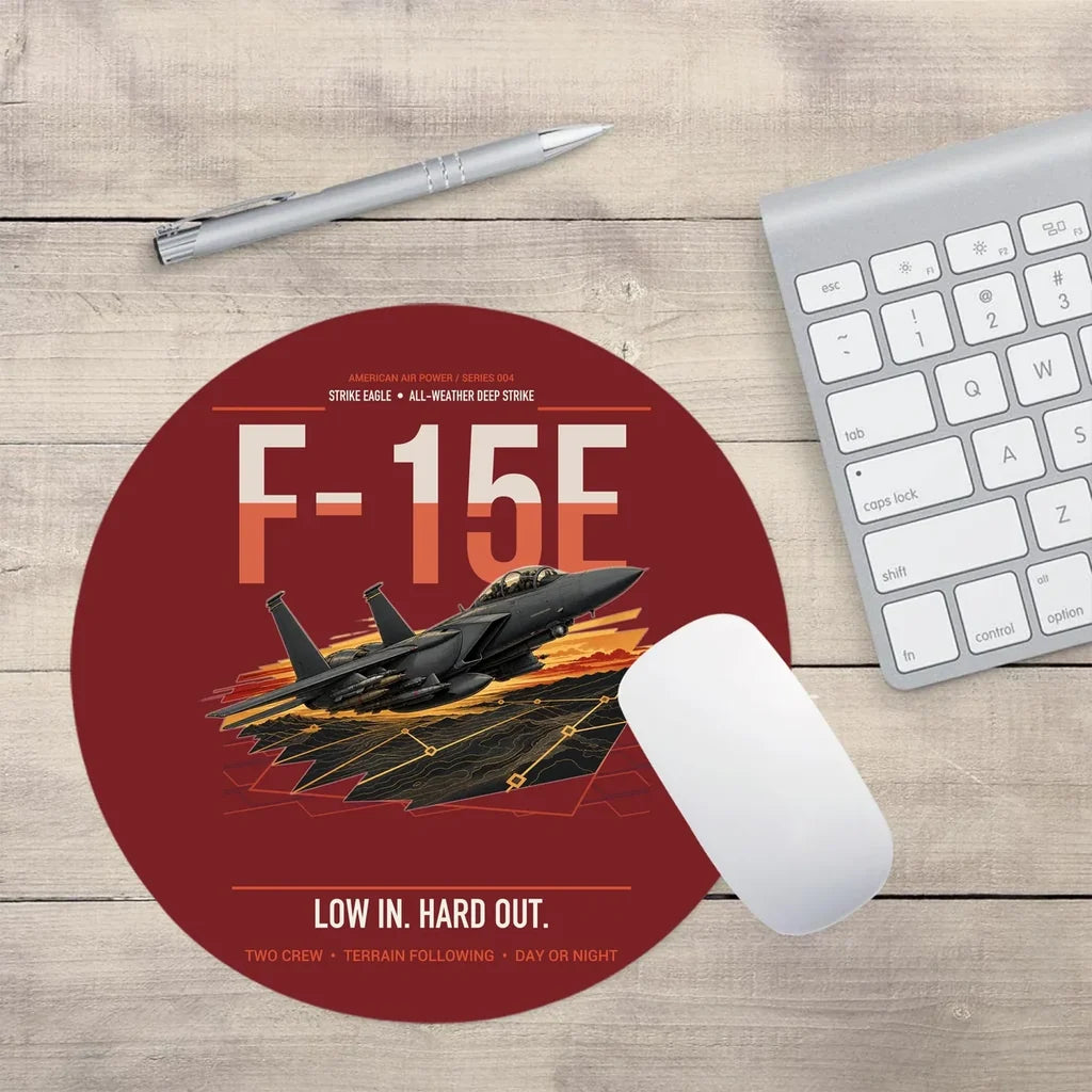 F-15E Strike Eagle design on dark red round mouse pad