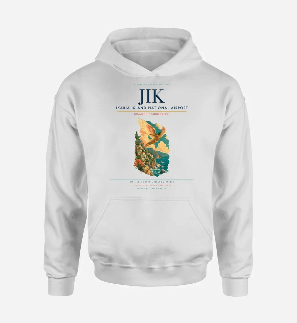 Ikaria Island National Airport (JIK) design on white hoodie single-side print