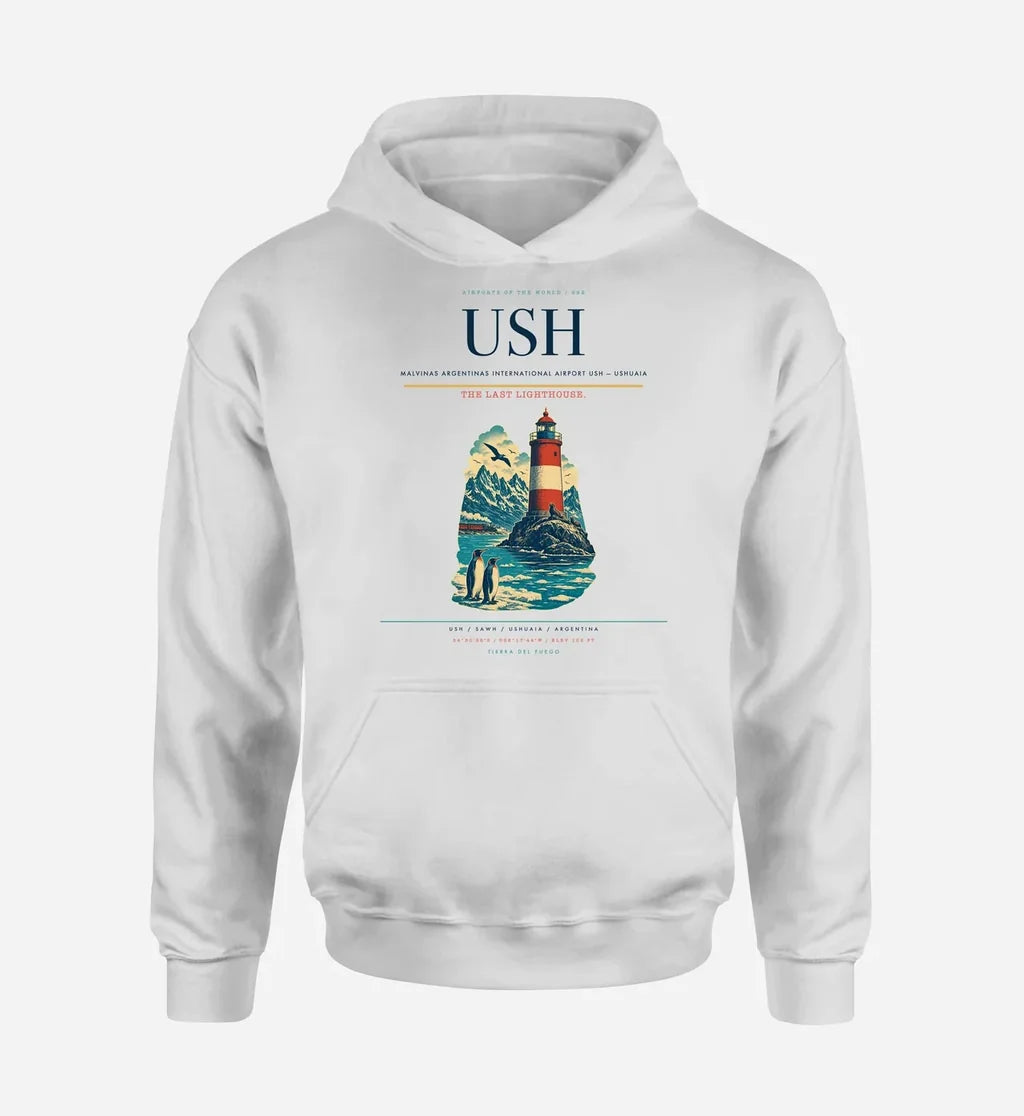 Malvinas Argentinas International Airport (USH) design on white hoodie single-side print