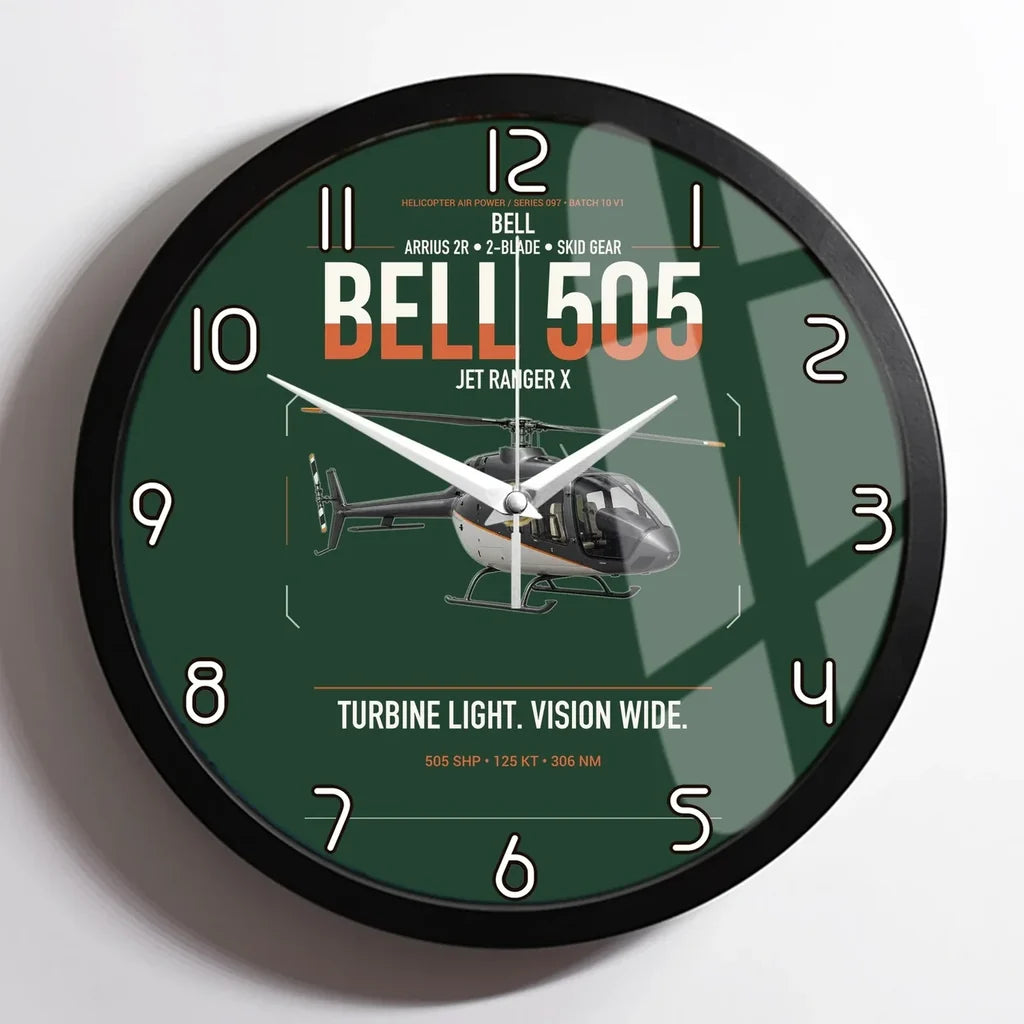 Bell 505 Jet Ranger X design on dark green framed wall clock