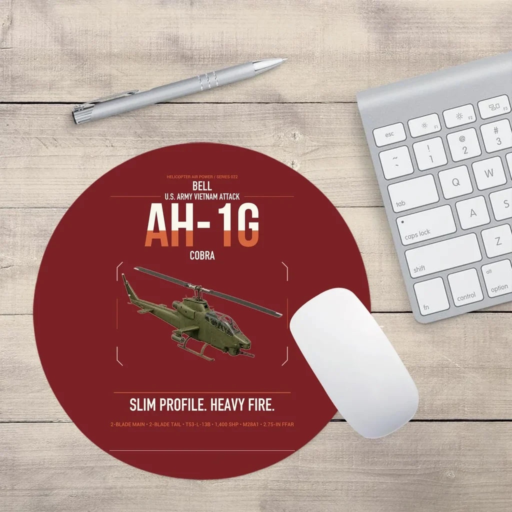 Bell AH-1G Cobra design on dark red round mouse pad